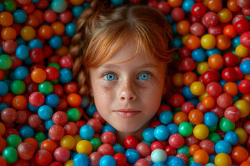 Fototapeta na wymiar Young Girl With Striking Blue Eyes Surrounded by Colorful Balls in Play Area