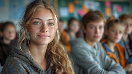 Obraz premium Portrait Of Teacher In Class With Pupils.