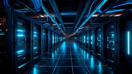 Obraz premium Futuristic server room with blue lights