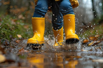 Puddle Play: Joy in Yellow Boots. Concept Rain Photography, Happy Kids, Wet and Fun, Smiling Faces, Outdoor Adventures