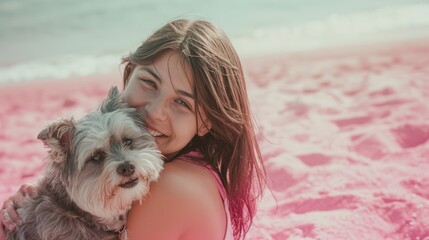 smiling young woman hugging her dog on the pink beach