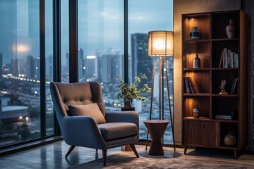 A cozy reading nook with a view of the city - obrazy, fototapety, plakaty