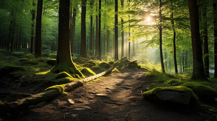 sun rays in the forest.