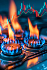 vertical close up photo of Intense Blue Flames from a Gas Stove with Stock Market Charts Overlay