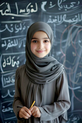 vertical portrait of Smiling Muslim schoolgirl in Hijab Standing and smiling at camera with Blackboard on background