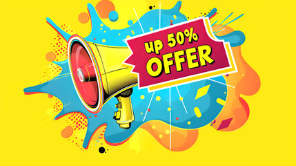 Discount sale Offer Advertisement with Megaphone and Blue Splash on yellow background