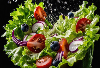 Fresh salad splash on black background - 782281226
