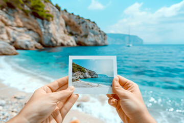 Holidays memories of a Beach Landscape within picture frame in Hands