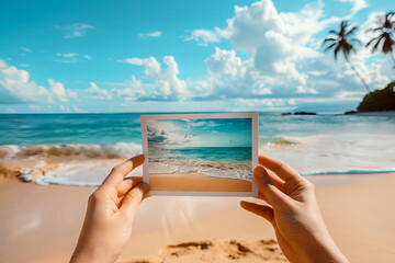 Hands Holding a Picture Frame with a Tropical Beach Scene