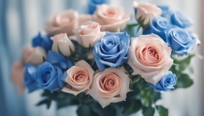 Close-up of a bouquet with soft blue and pink roses against a blurred background - 782281265