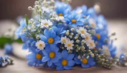 Fresh bouquet of blue flowers and daisies - 782281274