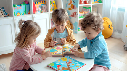 Preschooler kids sitting together on the table Reading and Learning from Colorful Picture Books in the kindergarten