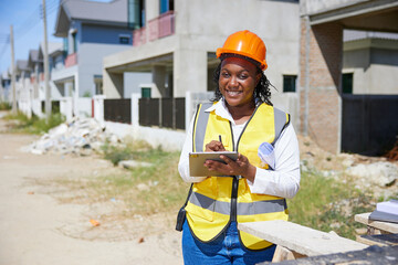 worker or architect working on tablet for home inspection at construction site