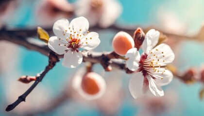 Close-up of cherry blossom flowers against a soft blue sky - 782281604
