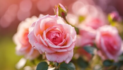 Blooming pink roses in golden light