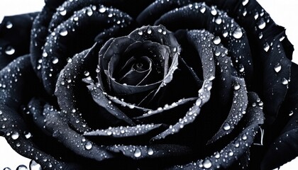 Striking black and white close-up of a rose with delicate dewdrops