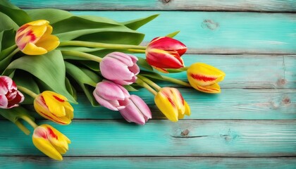 Vibrant tulips on wooden background - 782281609