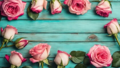 Fresh pink roses on turquoise wooden background