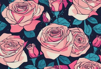 A digital artwork of pink roses with a retro feel and dark background