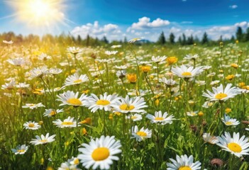 Sunny meadow with blooming daisies - 782281628