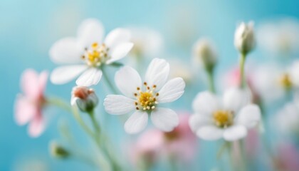Delicate white wildflowers on serene blue background - 782281637