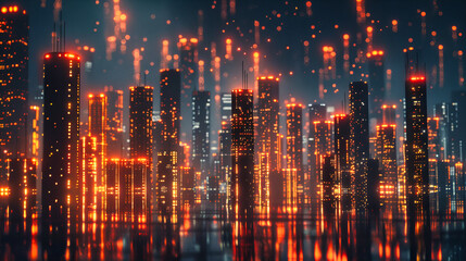 Urban Night Skyline, Modern City Lights and Architecture, Futuristic Urban Design and Illumination