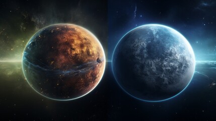 Comparison of two planets, one with a fiery surface and the other with a icy surface