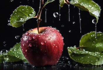Fresh red apple with water droplets on black background
