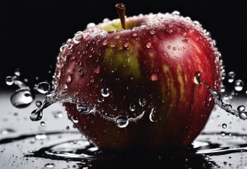 Fresh red apple splashed with water on dark background
