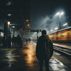 Man standing on a platform as a train passes by - obrazy, fototapety, plakaty