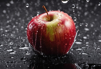 Fresh red apple with splashing water on dark background - 782281689