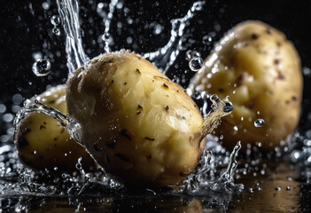 Fresh potatoes splashing in water on black background