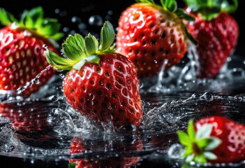 Fresh strawberries splashing in water on black background - 782281801