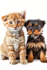 two kittens dog and cat  isolated on white