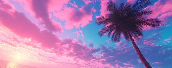 Pink sunset sky with silhouette of a palm tree