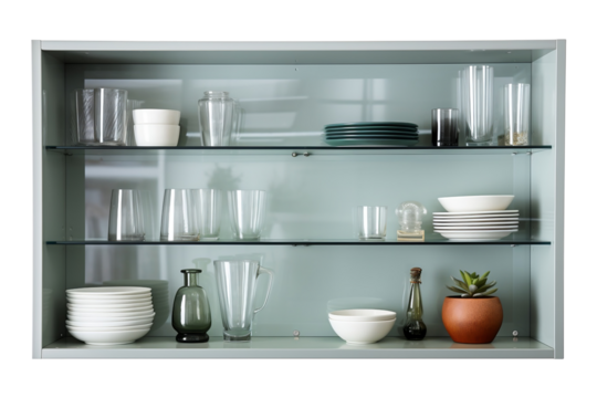 Kitchen cabinet with glasses and plates isolated on transparent background.