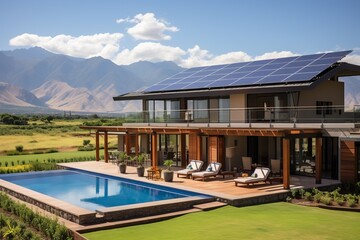 Fototapeta premium Modern house with solar panels and swimming pool