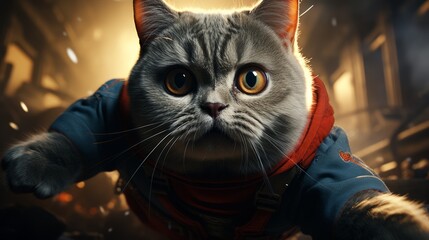 A gray cat wearing a blue and red superhero costume is flying through a destroyed city