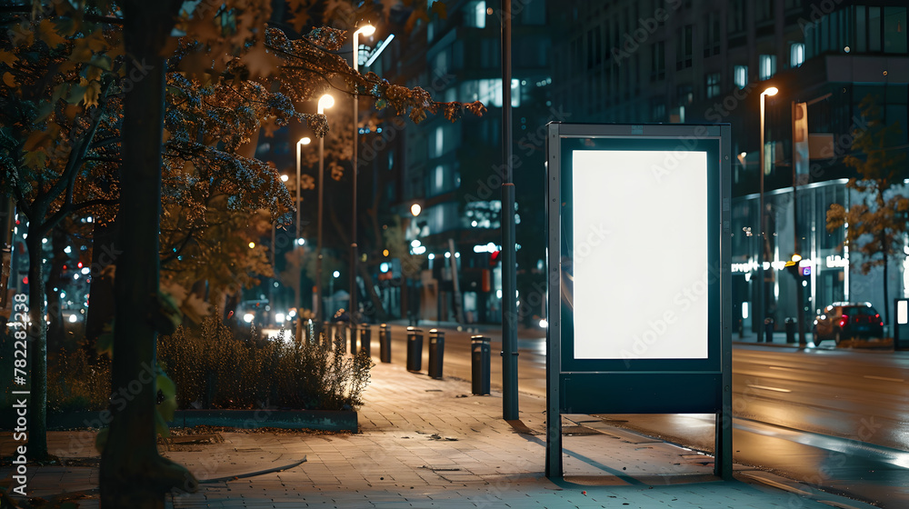 Canvas Prints Mockup. Blank white vertical advertising banner billboard stand on the sidewalk at night