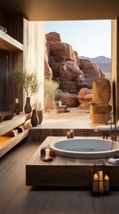 Fototapeta premium Modern bathroom with a stunning view of the desert landscape