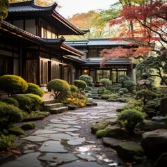 Japanese garden with traditional house and beautiful landscaping