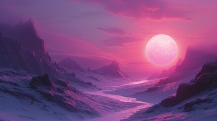 Snowy alien landscape with large pink moon