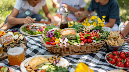 Family is gathered around a checkered picnic blanket. In the center of the frame, a picnic basket overflows with an assortment of delicious treats sandwiches with fresh ingredients, colorful salads.