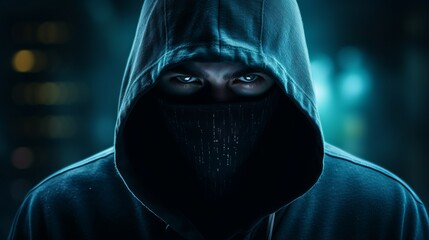 A masked man in a dark hoodie looking at the camera with blue eyes