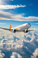 An illustration of a white and orange passenger plane flying high in the sky above the clouds