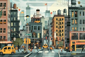 a bustling cityscape teeming with activity, portraying the rhythm of urban life.