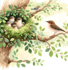 Five small birds nestled together in a nest are perched inside a lush green tree cavity