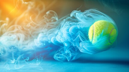 Dynamic illustration of a tennis ball shooting through the air, leaving a trail of bright blue smoke against a blue and yellow gradient background