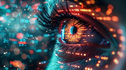 Eye integrated with futuristic digital interface, showcasing data streams and binary code, symbolizing digital transformation and big data analysis