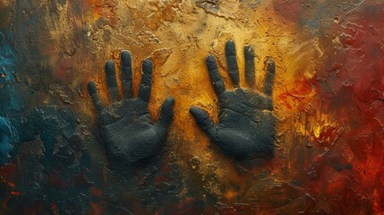 Handprints on a textured abstract painting - obrazy, fototapety, plakaty